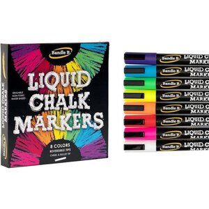 Chalk Markers - 8 Vibrant,‎ Erasable, Non-Toxic, Water-Based, Reversible Tips